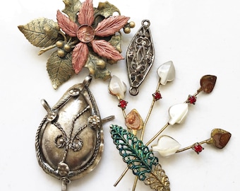 craft lot destash of distressed vintage jewelry components for repurposing repair//broken jewelry--mixed lot of 4 pcs