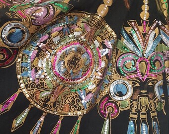 Vintage 1950's Hand Painted Mayan Calendar and Masks Sequin Traditional Mexican Circle Skirt