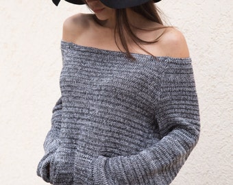 HANDMADE Gray Melange Asymmetrical Sweater/Knitwear Dress/Long Pullover/Loose Plus Size Sweater/ Off shoulder sweater/Knit Blouse/F1553