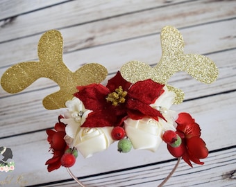 Handcrafted Woodland Reindeer Christmas Headband - Deer Antler Headband - Gold Glitter Antler Headband - Adult Reindeer Headband - Red Ivory