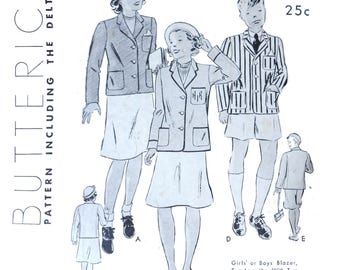 1930s Children's Blazer Jacket Sewing Pattern - Size 5 Chest 23 1/2 - Butterick 3493 - Boys or Girls Deltor