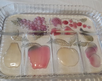 Snack condiment Painted Glass fruit serving tray Carnival Glass irridescent