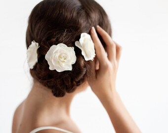 Ivory Rose Hair Pin Set of 3 - Bridal Rose Hair Piece Satin - Wedding Hair Accessories