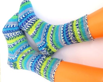 Blue White Yellow Green Hand Knitted Socks Blue Women's Socks Blue White Yellow Green Girl's Socks Warm Socks Soft Socks Winter Socks Gift