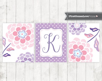 Simone Set Pink and Purple Floral and Polka Dot Nursery Art - 3 Piece Set - Monogram Print - Shabby Chic Girl Nursery Decor - Art Print Set