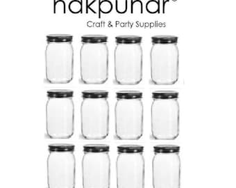 Nakpunar 12 pcs 16 oz Mason Glass Jars with Black Lid