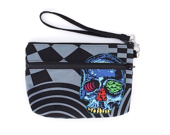 Head Trip Psychedelic Skull Wristlet with removable strap - punk rock - rare fabric oop
