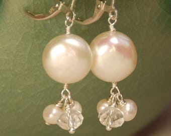 Coin Pearl Bridal Earrings, Real Freshwater White Coin Pearl with Clear Swarovski Crystal & Freshwater Pearl, Sterling Silver, Bride Earring