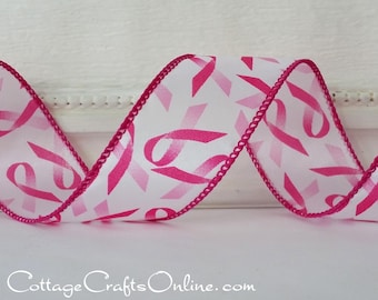 Wired Ribbon, 1 1/2", Pink Ribbon on White - THREE YARDS - Offray, "Awareness" Breast Cancer Awareness Wire Edged Ribbon