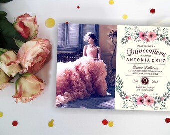Ivory Floral Quinceanera invitation with/ out photo. Quinceanera Birthday Invitation, Quinceanera Invites, Quinceanera party, Digital