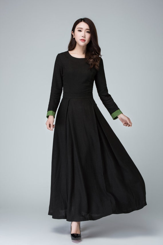 Black dress long sleeve dress prom dress linen dress maxi