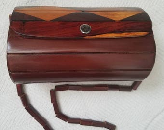 Vintage Handmade Wood Slat Round Roll Handbag Purse