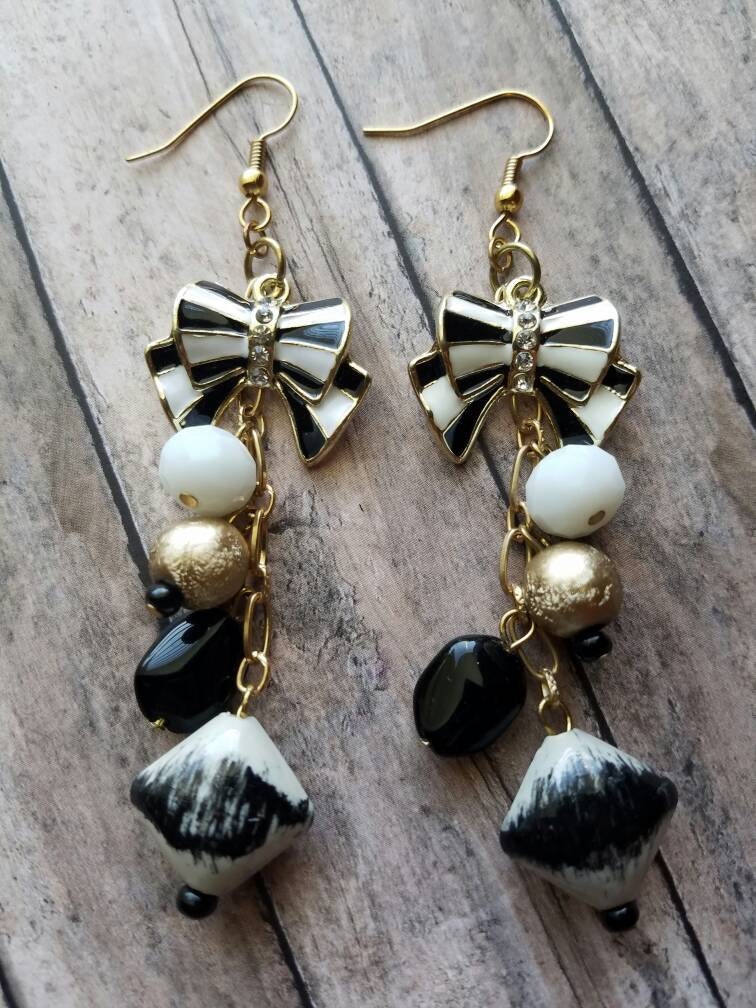 Rhinestone Bow Earrings Stripe Bow Dangle Earrings Long