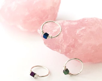 Unique helix hoop ring earring, Beaded cartilage piercing jewelry, Sterling silver, Tragus Conch, Choice of metallic purple blue or green