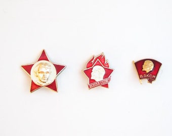 Vintage Soviet pin set 3 pcs Soviet propoganda red star vintage pin young pioneer komsomol history Lenin communism pins