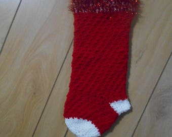 Hand crochet red Christmas stocking.