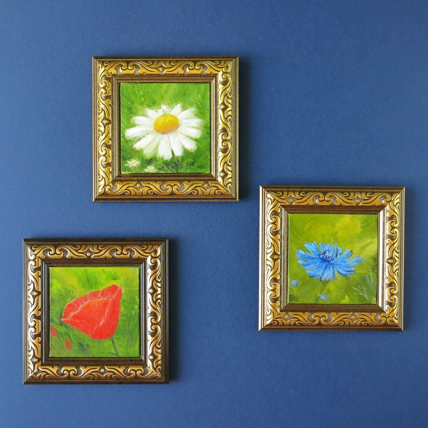 Set of 3 wall art Flower art Ready to hang Original painting
