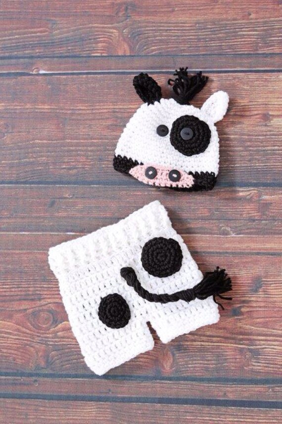 Crochet baby cow costume beanie hat with shorts, newborn babies photo prop
