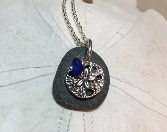 petite beach stone cobalt blue sea glass sand dollar necklace, sea glass necklace, sea glass necklace, beach stone necklace