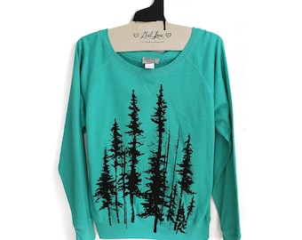 Large- Jade Teal Green V-Neck Pullover Sweatshirt with Evergreen Trees Screen print