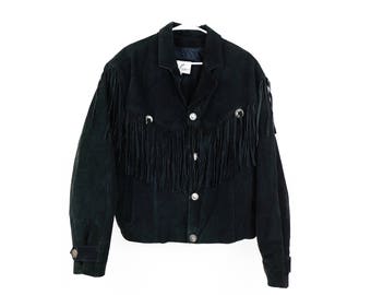 Vintage Black Suede Leather Fringe Snap Button Jacket/Coat