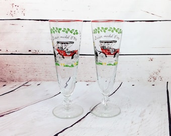 Libbey Pilsner Buick Model C 1905 Glasses, Set of 2 Beer Glasses for Car Enthusiast, Retro Barware, Horseless Carriage, Gift for Men