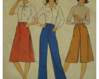 70s Culotte Pattern, Side Shaped Pockets, Mock Fly Front, Wide Leg Pants, A-Line Skirt, Style No. 1609 Size 6 Waist 23" 58cm