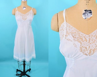 1950s white slip | Barbizon classic white nylon satin lace lingerie | vintage 50s slip
