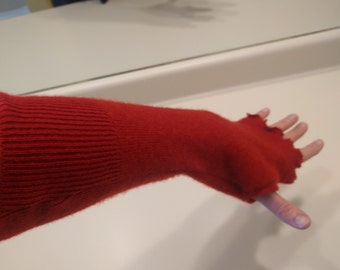 Recycled cashmere fingerless gloves, arm warmers, cashmere mitts, long mittens, red, recycled sweaters