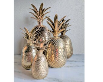 Vintage Brass Pineapple Container, Pineapple Candle Holder, Lidded Pineapple Trinket Box Ice Bucket, Gold Pineapple Decor, Hollywood Regency