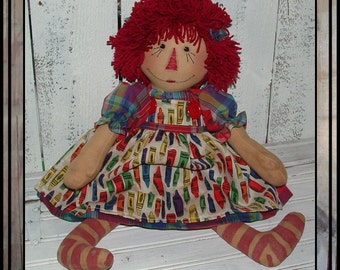 Hand embroidered folk art raggedy doll cloth rag doll yarn hair hafair ofg faap