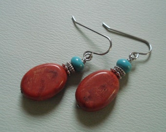 Red Sponge Coral and Turquoise Earrings