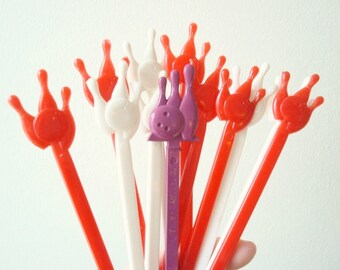 12 vintage bowling pin swizzle sticks, vintage stir sticks, red, white & purple bowling ball and pins, gift for bowlers, stocking stuffer
