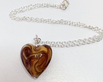 Gold Brown Heart Necklace Gold and Brown Swirl Pendant Lampwork Glass Necklace Glass Heart Pendant Necklace Gift for Her Romantic Jewelry