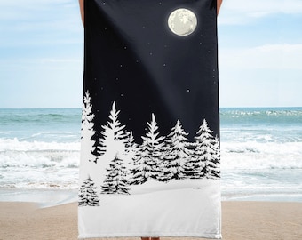 Beach Towel - Snowy Pine Trees under the moonlight