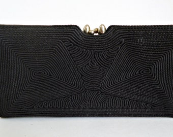 Vintage Black Cloth Clutch Purse Spiral Cording 1940's
