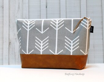 Grey Arrows with Vegan Leather - Large Make Up Bag / Diaper Clutch / Bridesmaid Gift