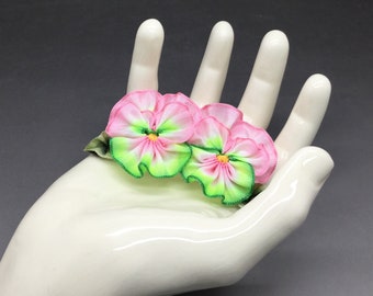 Pink, White and Green Pansy Double Ribbon Flower Appliqué Watermelon Colors