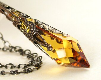 Crystal Amber Topaz Necklace Antique Gold Brass Necklace Golden Icicle Swarovski Crystal Necklace Topaz Pendant Necklace November Jewelry