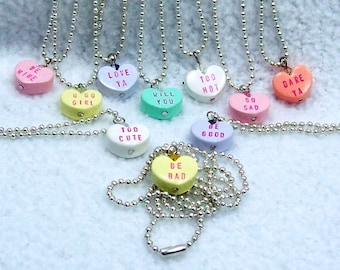 Conversation Heart Valentine Necklace on Ball Chain - You Pick Color and Saying