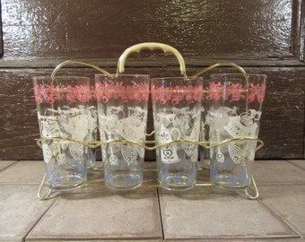 Wonderful metal folding mid century drink caddy with 8 nice tall mid century glasses- all in excellent condition