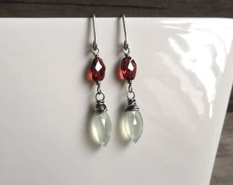 Sterling Silver Chalcedony Garnet Earrings, Sea Foam Gemstone, January Birthstone Jewelry, Rustic Wedding