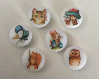 Lot 6 Beatrix Potter Character Animal Picture Buttons Vintage Variety