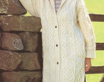 Ladies Aran Long Line Coat Jacket - PDF Aran knitting pattern