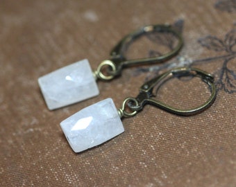 Moonstone Earrings ~ White Moonstone ~ Rustic Jewelry ~ Antiqued Brass White Earrings
