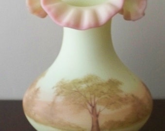 Fenton Decorated Burmese Vase Tree Scene Hand Painted Artist Signed Gloria Finn Wonderful Glow