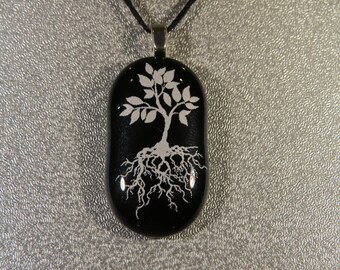 0141 - White and Black Tree of Life Fused Glass Pendant