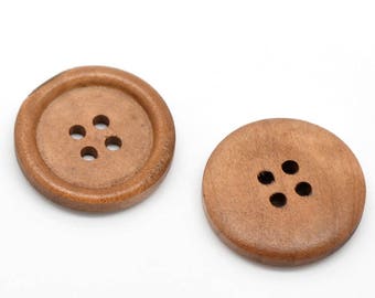 10 Brown Wooden Buttons 25mm 1 inch 4 Holes Round