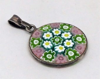 Vintage Italian Millefiori, Art Glass Pendant, 925 Sterling Silver, Sterling Silver Pendant,Vintage Italian Millefiori, Art Glass Pendant