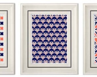 Set of Three Modern Coral/Navy Wall Art - Print Set - Home Decor (Unframed)